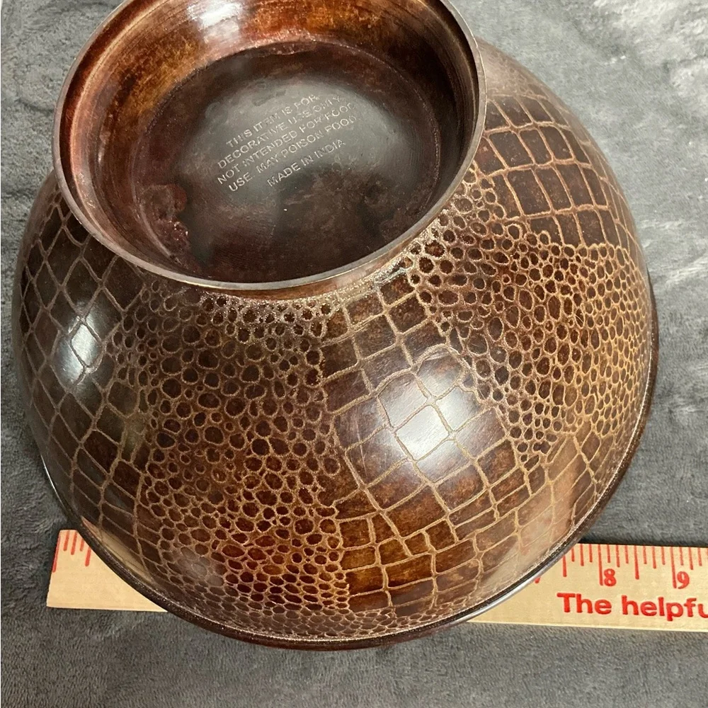 Decorative Brown Etched Metal Bowl Textured Pattern Pedestal‎ Base Made in India